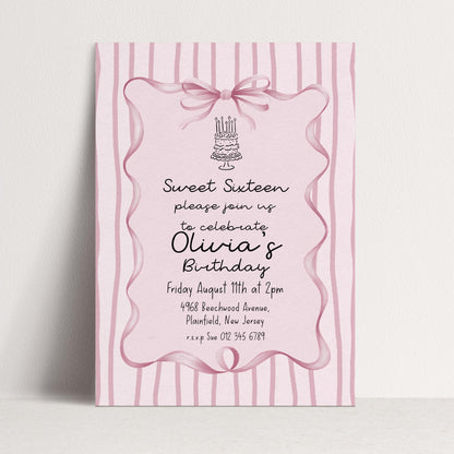 Editable Sweet 16 Pink Bow Birthday Invitation, Coquette Birthday Party Invite, Pink Stripe Birthday Invite Elegant Girls Printable Template
