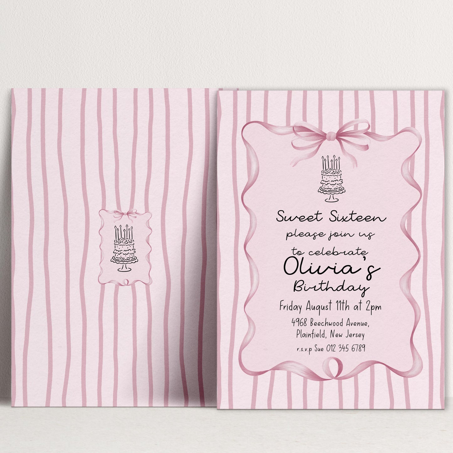 Editable Sweet 16 Pink Bow Birthday Invitation, Coquette Birthday Party Invite, Pink Stripe Birthday Invite Elegant Girls Printable Template