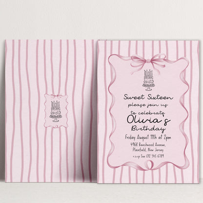 Editable Sweet 16 Pink Bow Birthday Invitation, Coquette Birthday Party Invite, Pink Stripe Birthday Invite Elegant Girls Printable Template