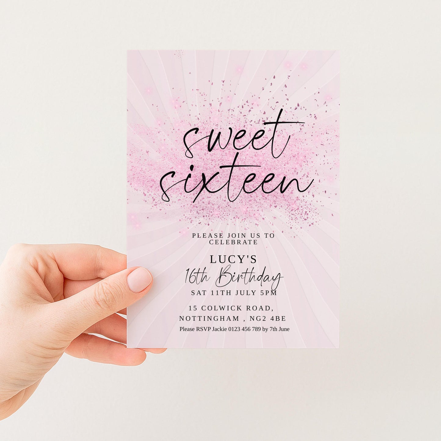 Sweet 16 Birthday Invitation, Pink Elegant Invite, Editable Party Template, Printable Sixteenth Birthday Card for Girls Digital Download