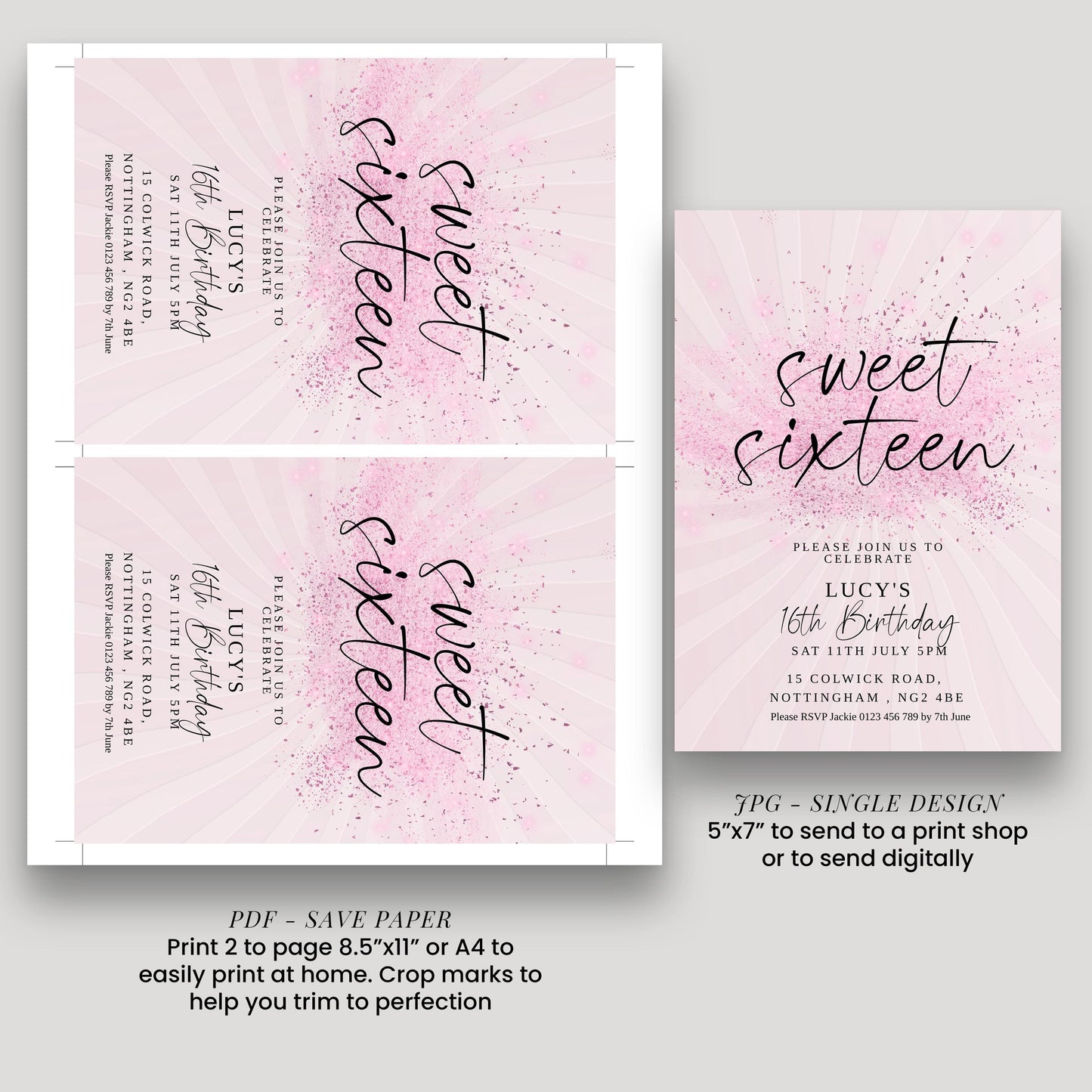 Sweet 16 Birthday Invitation, Pink Elegant Invite, Editable Party Template, Printable Sixteenth Birthday Card for Girls Digital Download