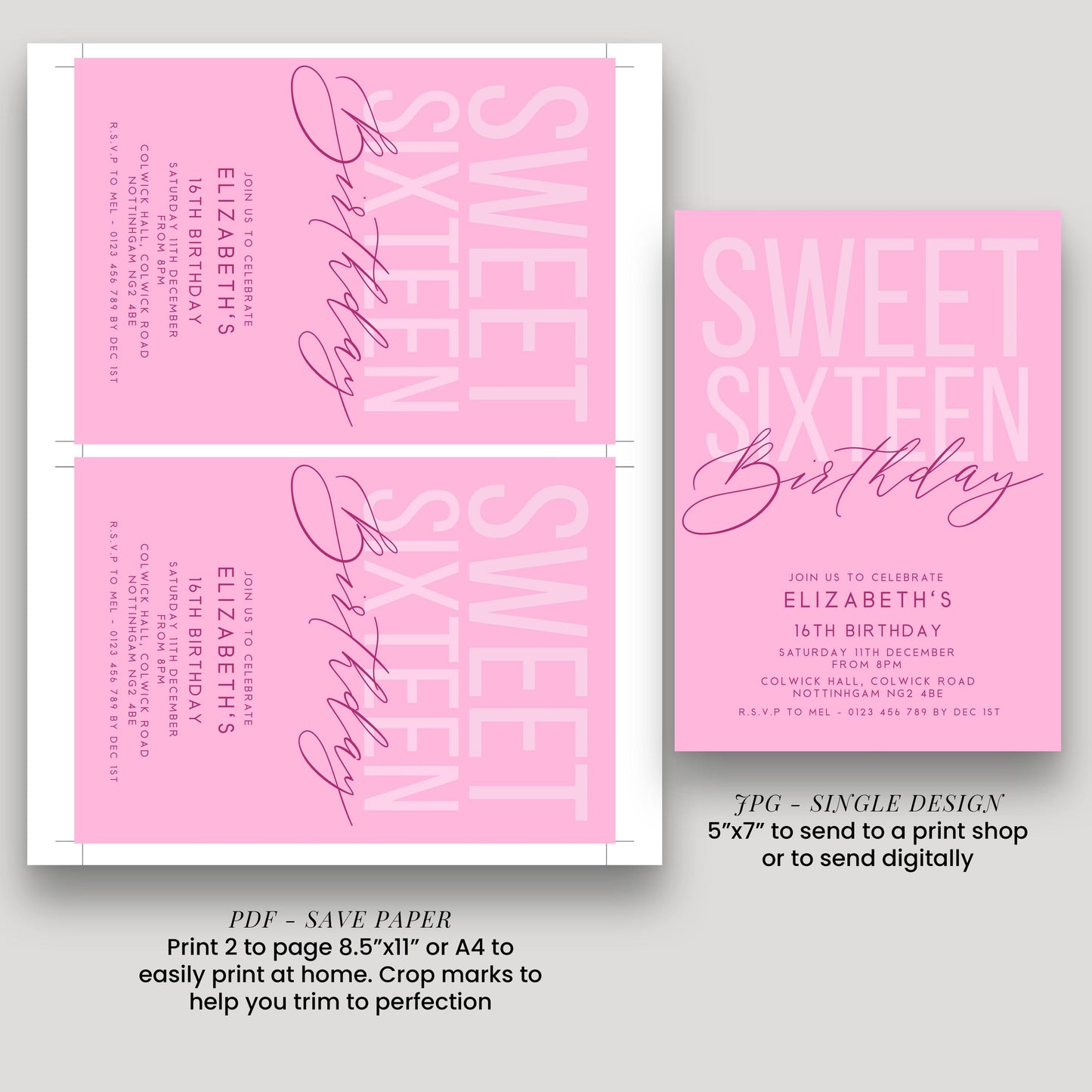 Editable Sweet 16 Birthday Invitation, Editable Pink Sixteen Party Invite, Girls Invitation Template, 16th Birthday Printable Template