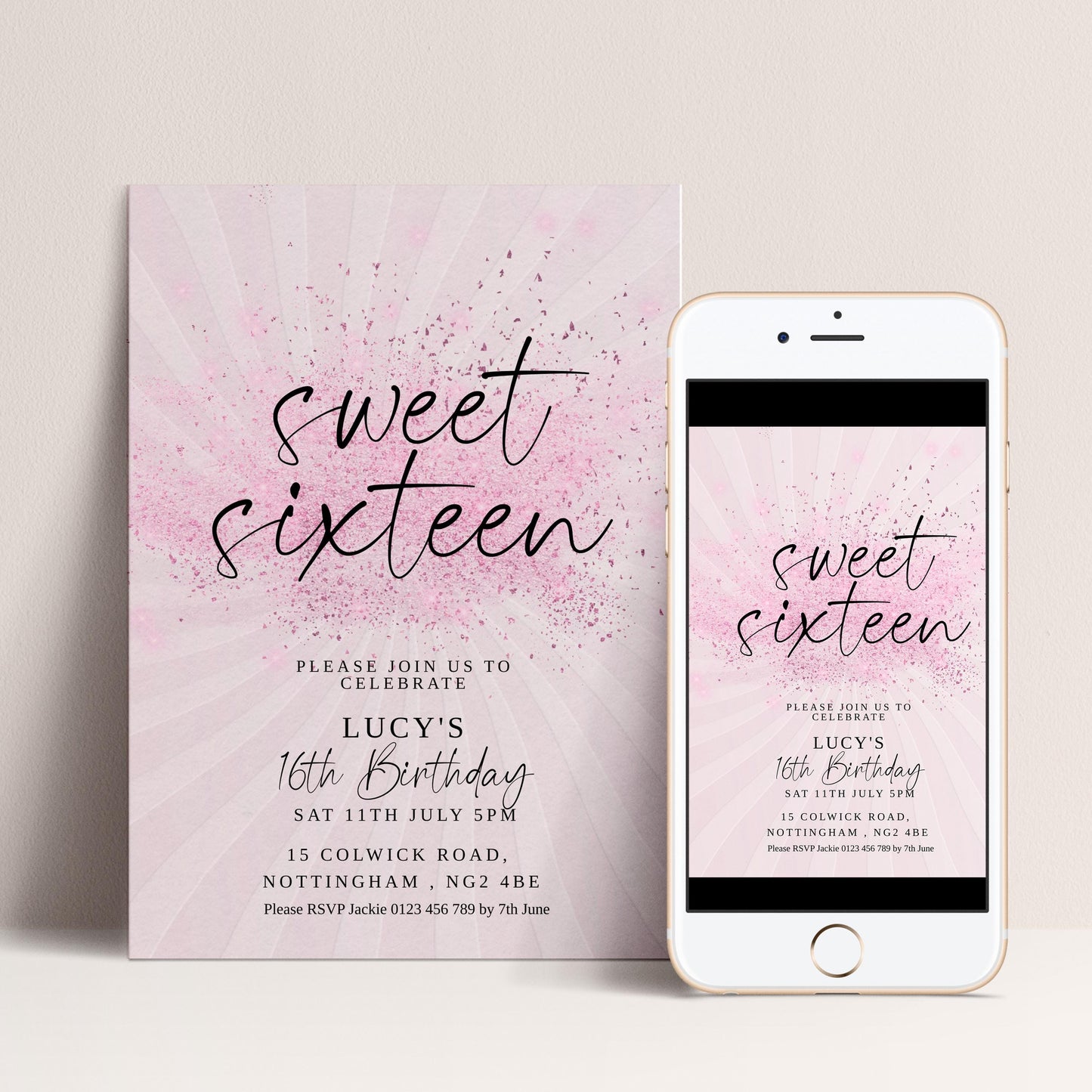Sweet 16 Birthday Invitation, Pink Elegant Invite, Editable Party Template, Printable Sixteenth Birthday Card for Girls Digital Download