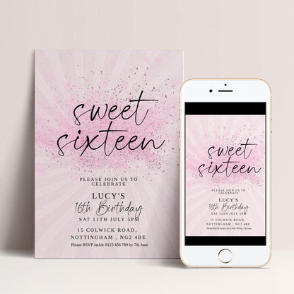 Sweet 16 Birthday Invitation, Pink Elegant Invite, Editable Party Template, Printable Sixteenth Birthday Card for Girls Digital Download