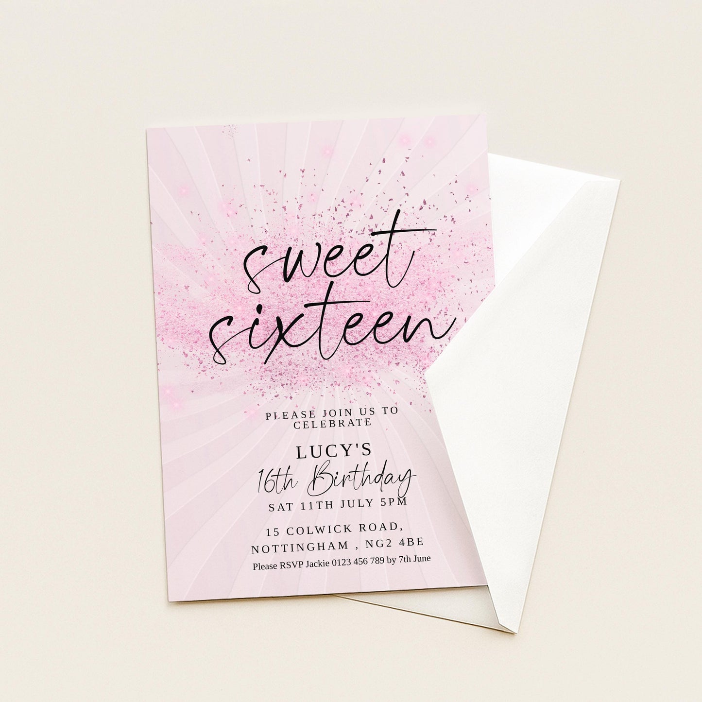 Sweet 16 Birthday Invitation, Pink Elegant Invite, Editable Party Template, Printable Sixteenth Birthday Card for Girls Digital Download