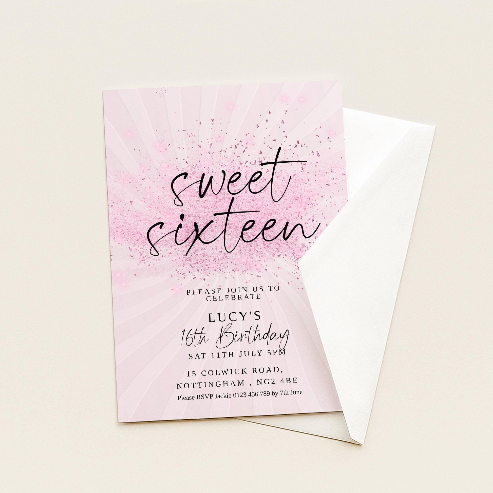 Sweet 16 Birthday Invitation, Pink Elegant Invite, Editable Party Template, Printable Sixteenth Birthday Card for Girls Digital Download