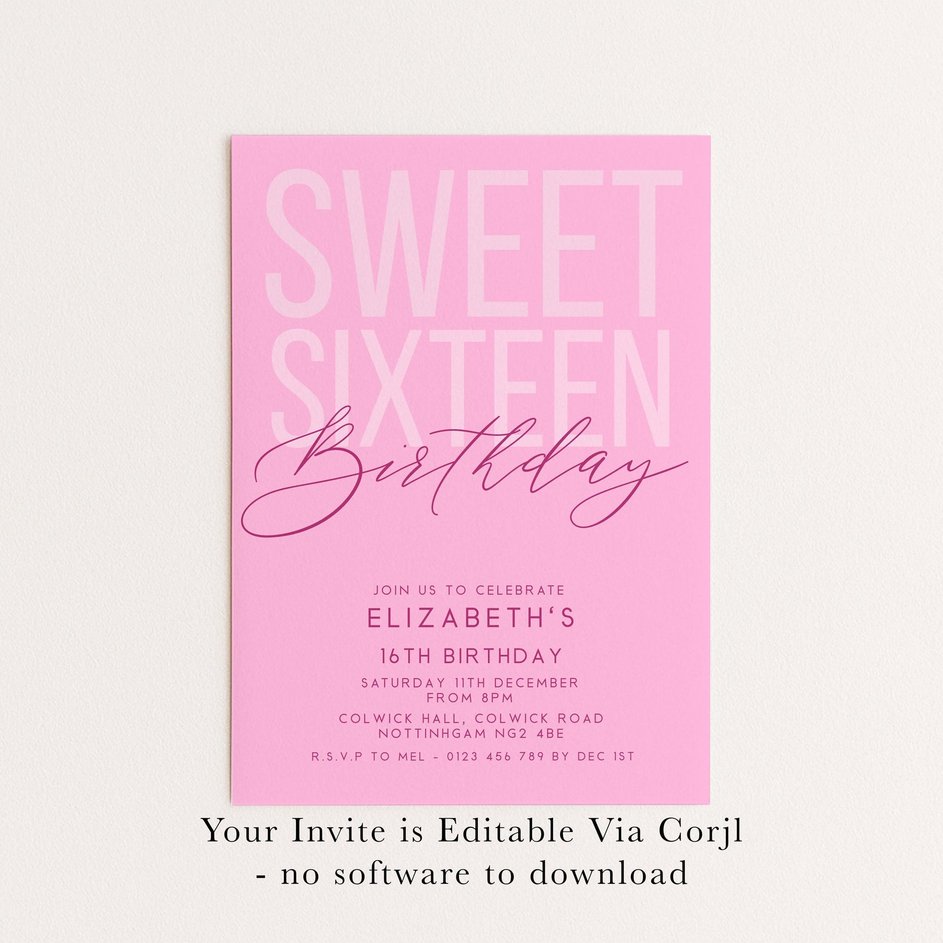 Editable Sweet 16 Birthday Invitation, Editable Pink Sixteen Party Invite, Girls Invitation Template, 16th Birthday Printable Template