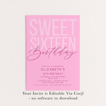 Editable Sweet 16 Birthday Invitation, Editable Pink Sixteen Party Invite, Girls Invitation Template, 16th Birthday Printable Template