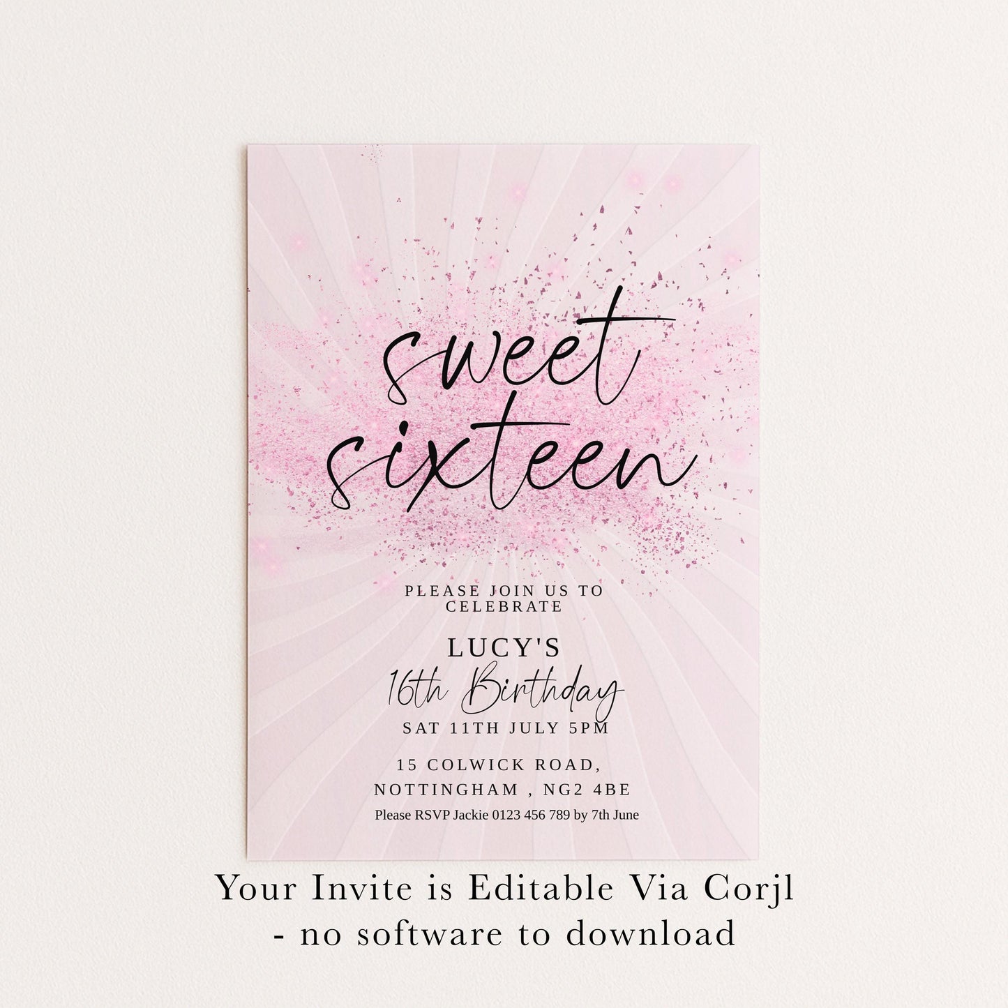 Sweet 16 Birthday Invitation, Pink Elegant Invite, Editable Party Template, Printable Sixteenth Birthday Card for Girls Digital Download