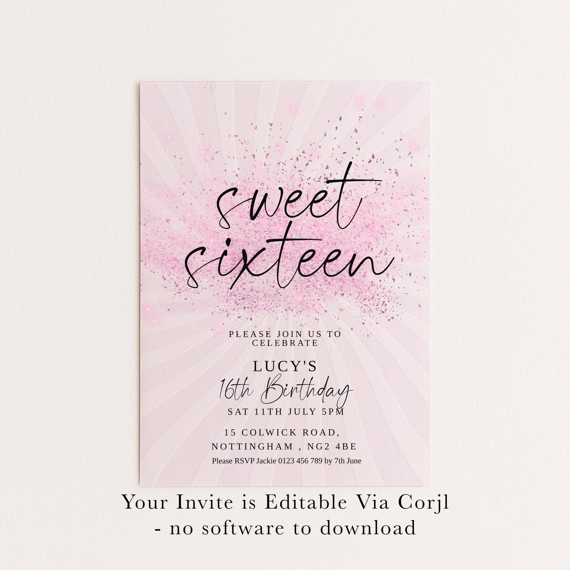 Sweet 16 Birthday Invitation, Pink Elegant Invite, Editable Party Template, Printable Sixteenth Birthday Card for Girls Digital Download