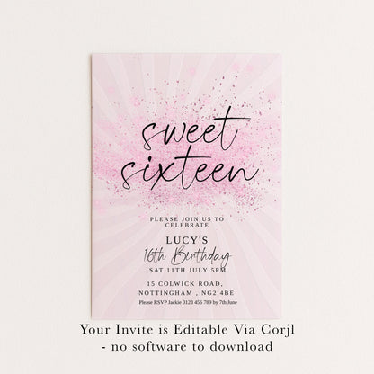 Sweet 16 Birthday Invitation, Pink Elegant Invite, Editable Party Template, Printable Sixteenth Birthday Card for Girls Digital Download