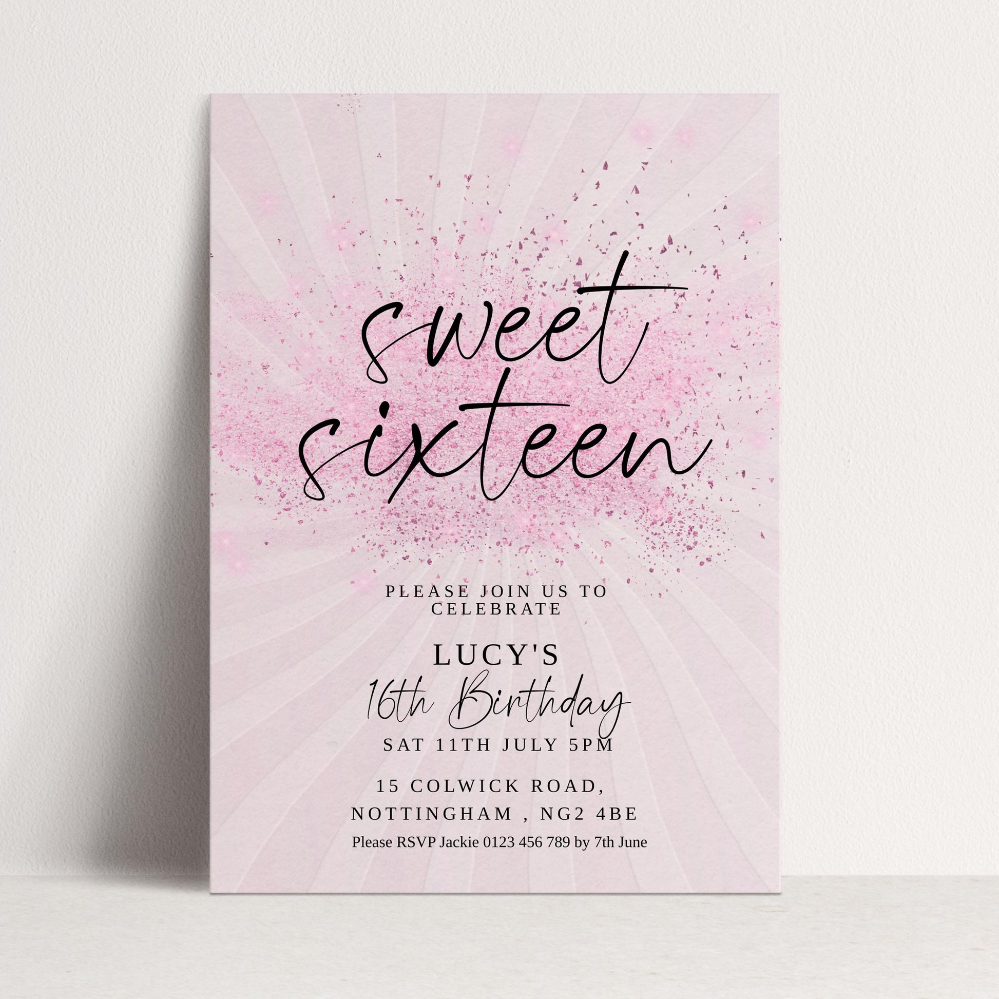 Sweet 16 Birthday Invitation, Pink Elegant Invite, Editable Party Template, Printable Sixteenth Birthday Card for Girls Digital Download