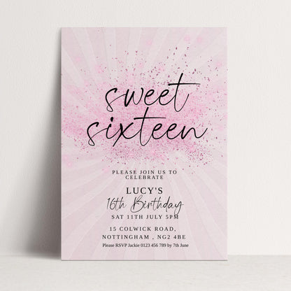Sweet 16 Birthday Invitation, Pink Elegant Invite, Editable Party Template, Printable Sixteenth Birthday Card for Girls Digital Download