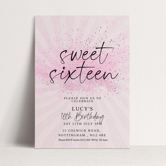 Sweet 16 Birthday Invitation, Pink Elegant Invite, Editable Party Template, Printable Sixteenth Birthday Card for Girls Digital Download