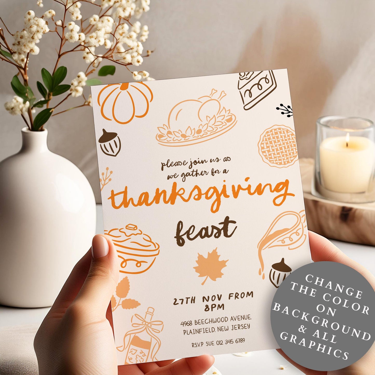 Editable Thanksgiving Feast Invitation | Fall Dinner Party Invite | Printable Corjl Template