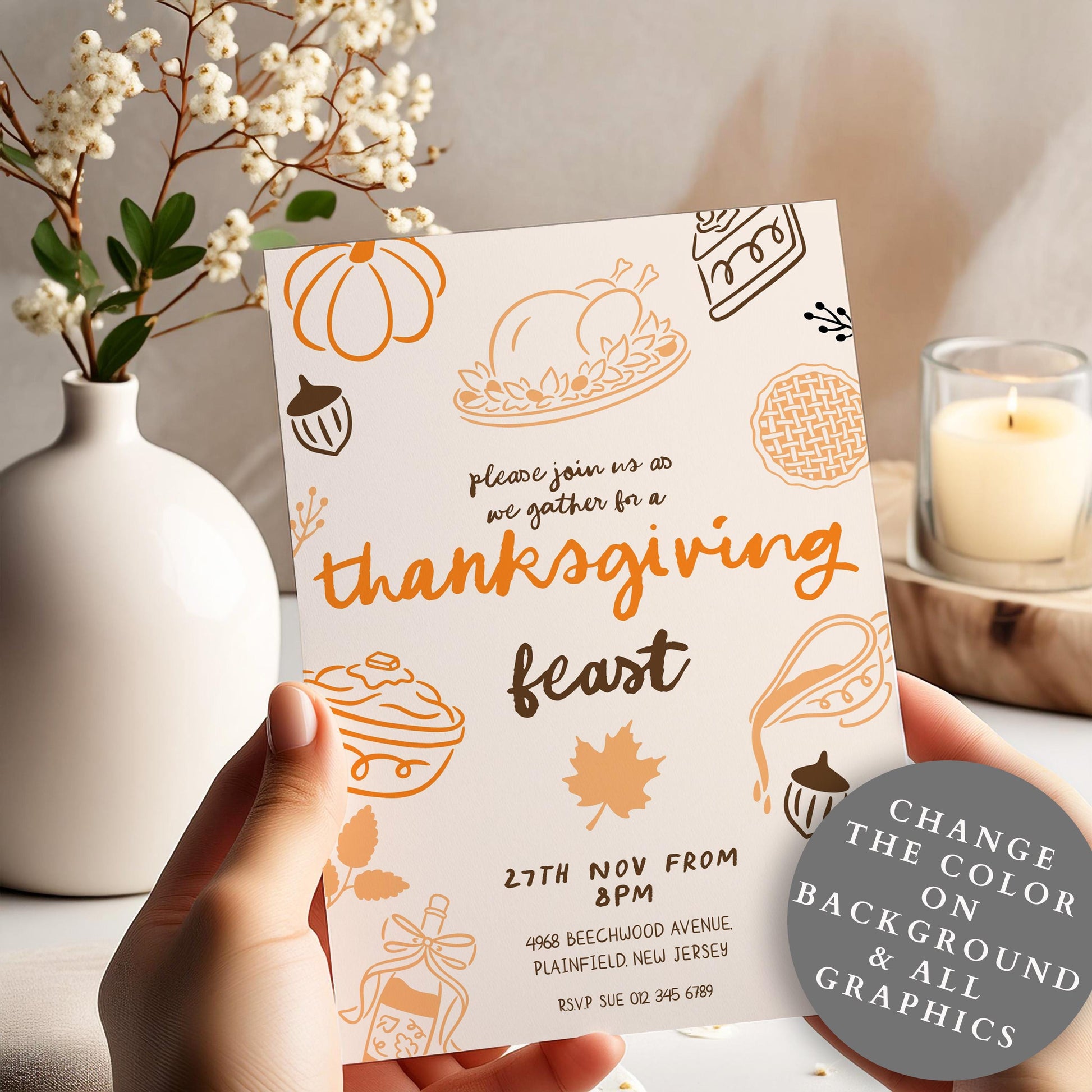 Editable Thanksgiving Feast Invitation | Fall Dinner Party Invite | Printable Corjl Template