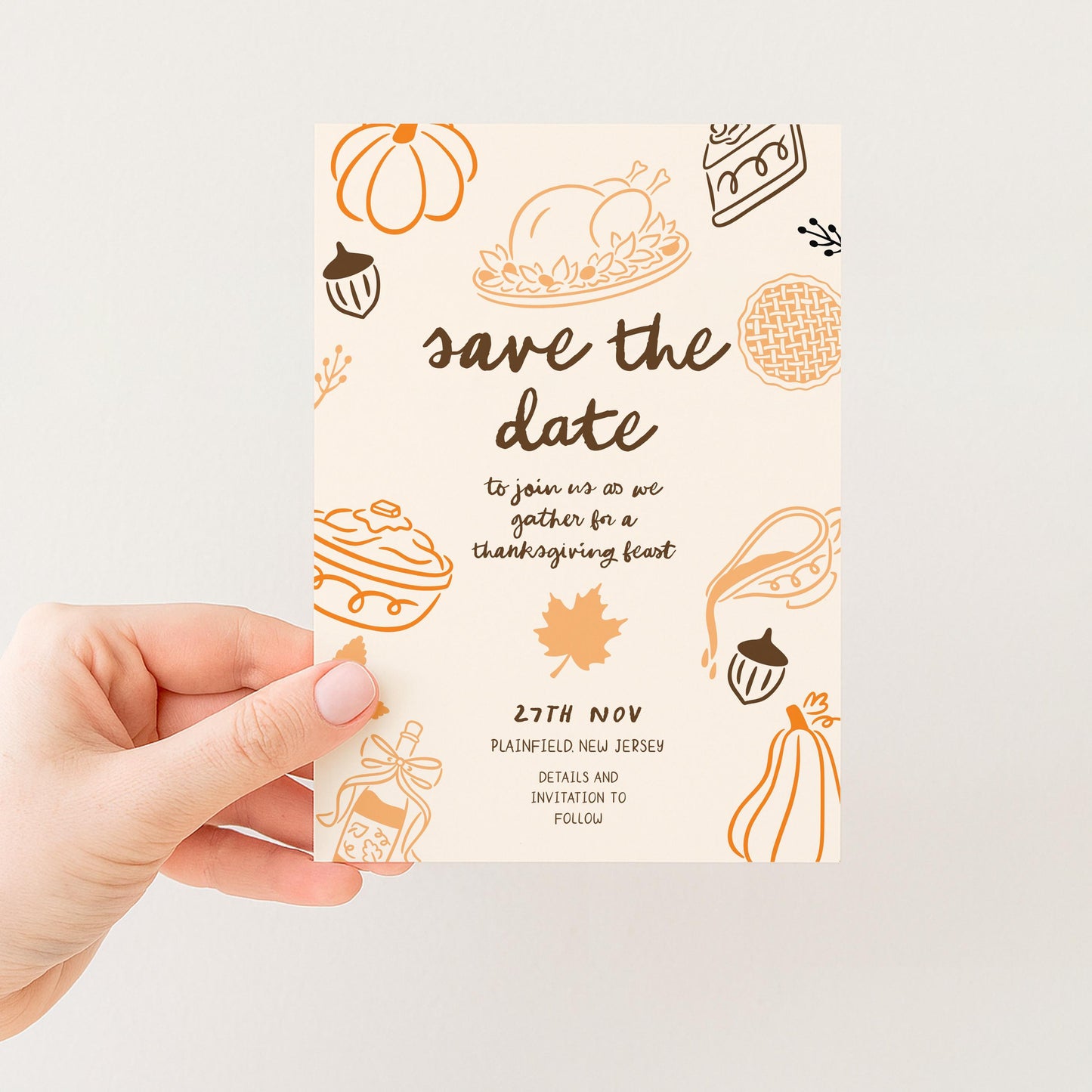 Thanksgiving Save the Date Invitation, Editable Fall Feast Card Printable Digital Corjl Template