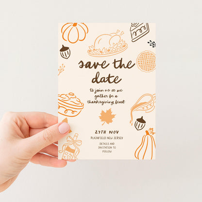 Thanksgiving Save the Date Invitation, Editable Fall Feast Card Printable Digital Corjl Template