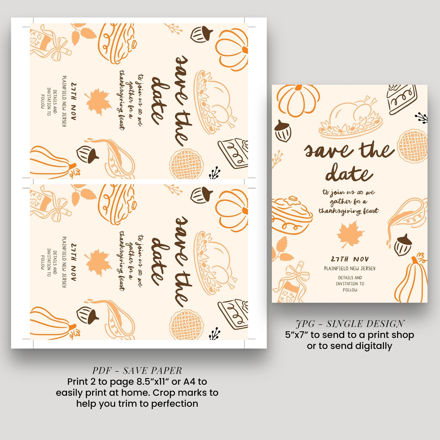 Thanksgiving Save the Date Invitation, Editable Fall Feast Card Printable Digital Corjl Template
