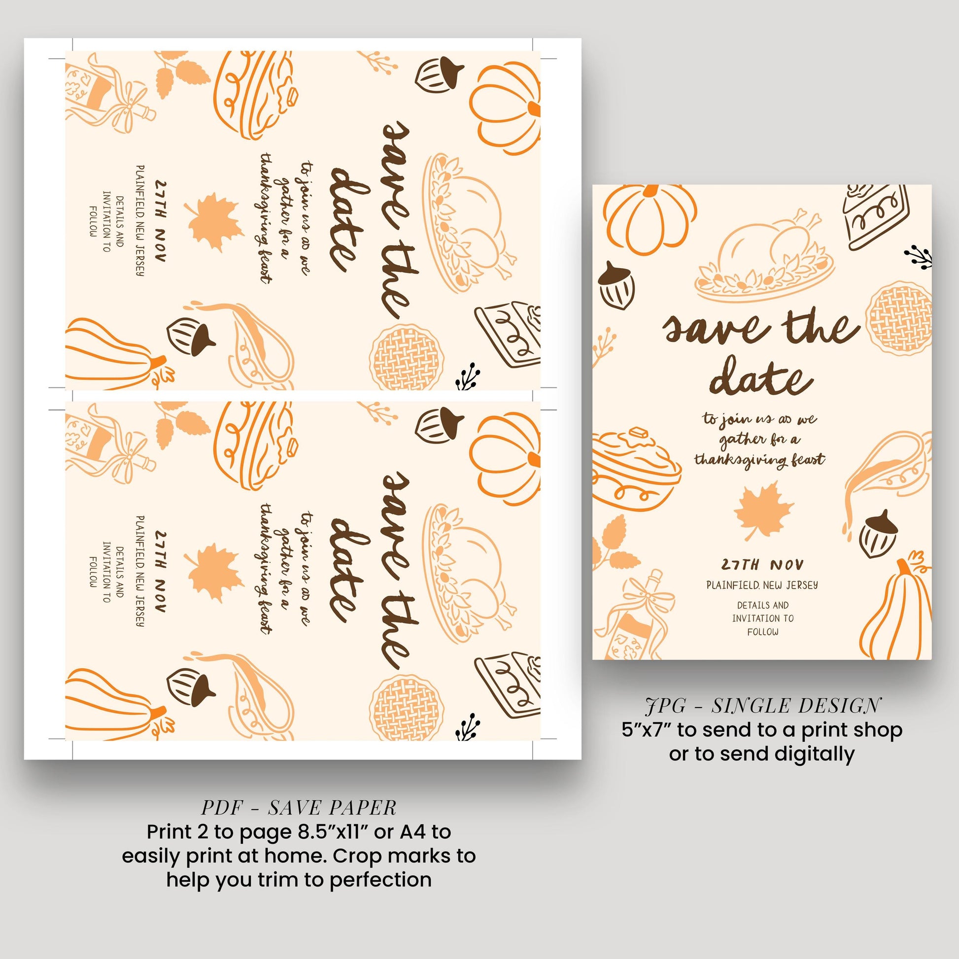 Thanksgiving Save the Date Invitation, Editable Fall Feast Card Printable Digital Corjl Template