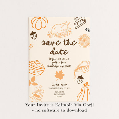 Thanksgiving Save the Date Invitation, Editable Fall Feast Card Printable Digital Corjl Template