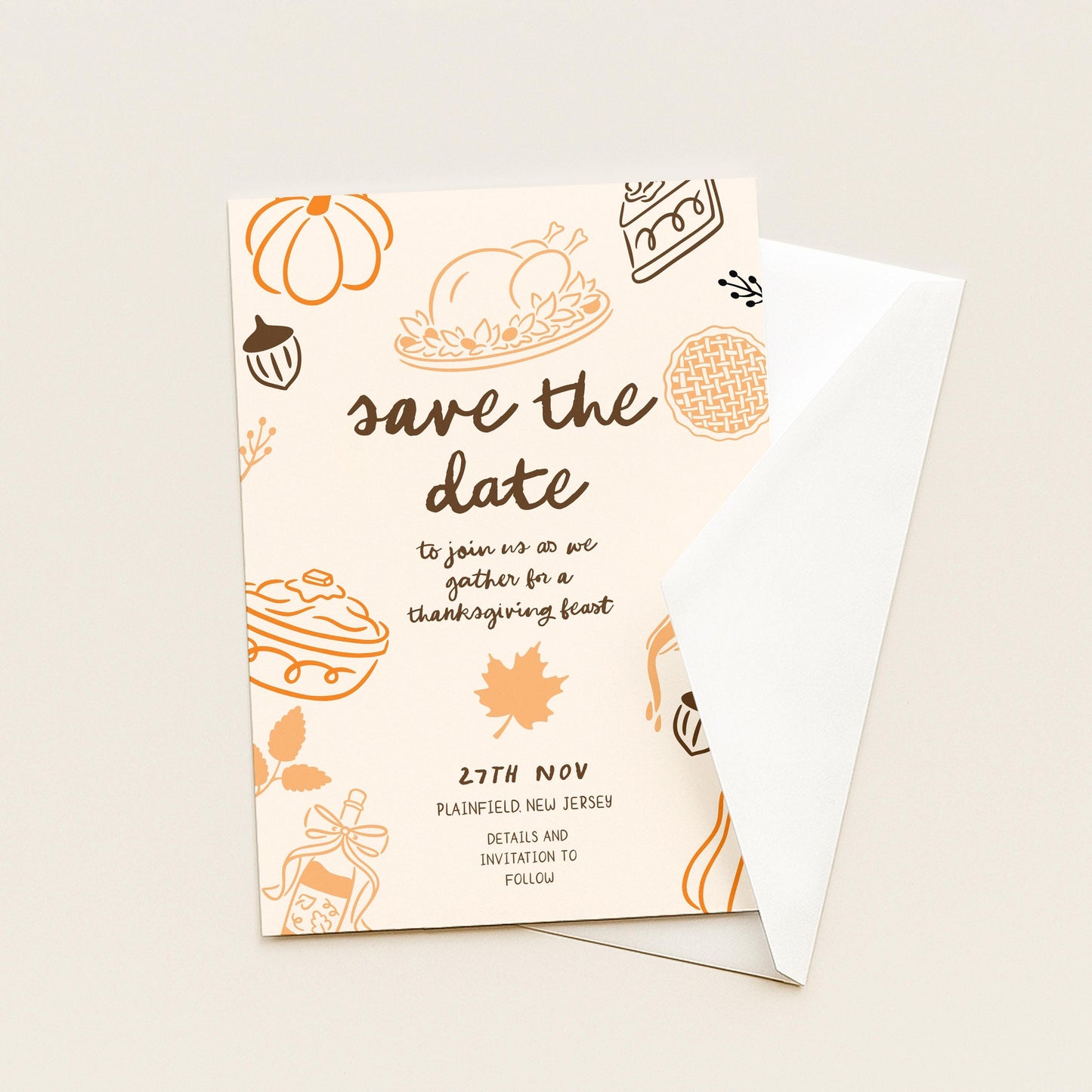 Thanksgiving Save the Date Invitation, Editable Fall Feast Card Printable Digital Corjl Template
