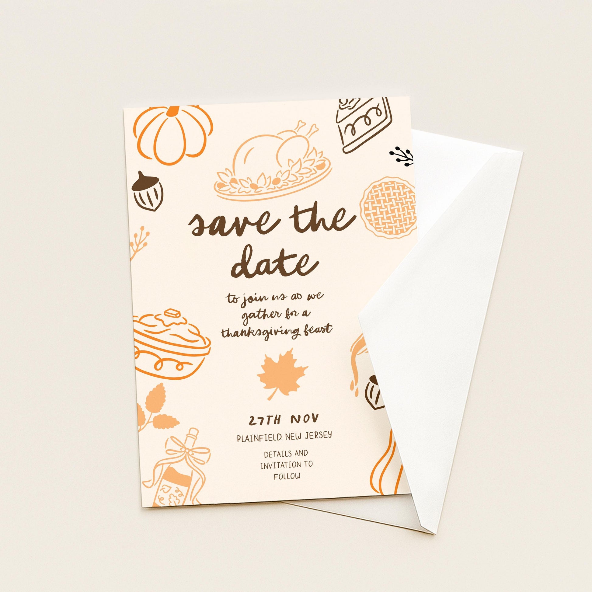 Thanksgiving Save the Date Invitation, Editable Fall Feast Card Printable Digital Corjl Template