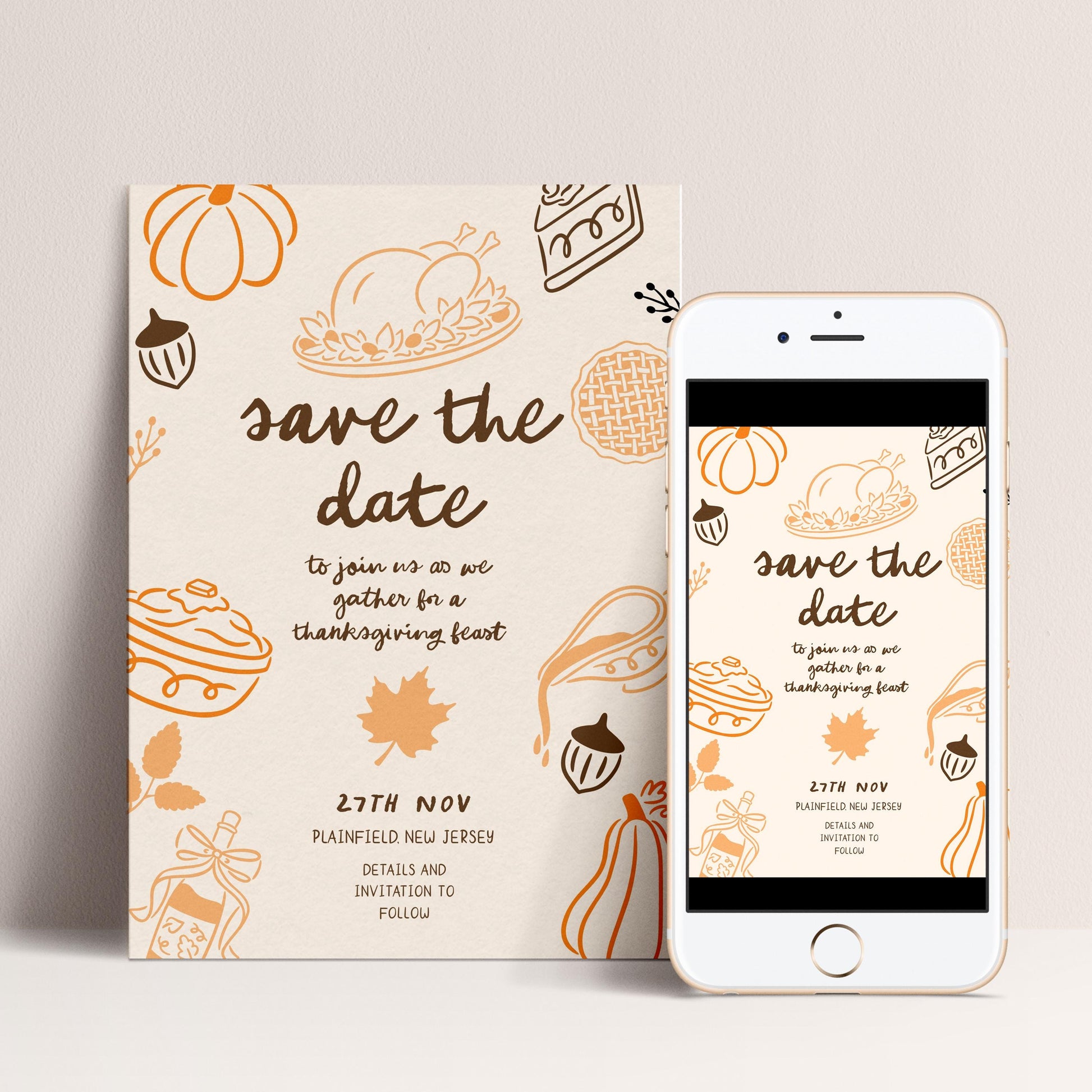 Thanksgiving Save the Date Invitation, Editable Fall Feast Card Printable Digital Corjl Template