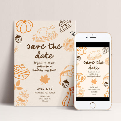 Thanksgiving Save the Date Invitation, Editable Fall Feast Card Printable Digital Corjl Template