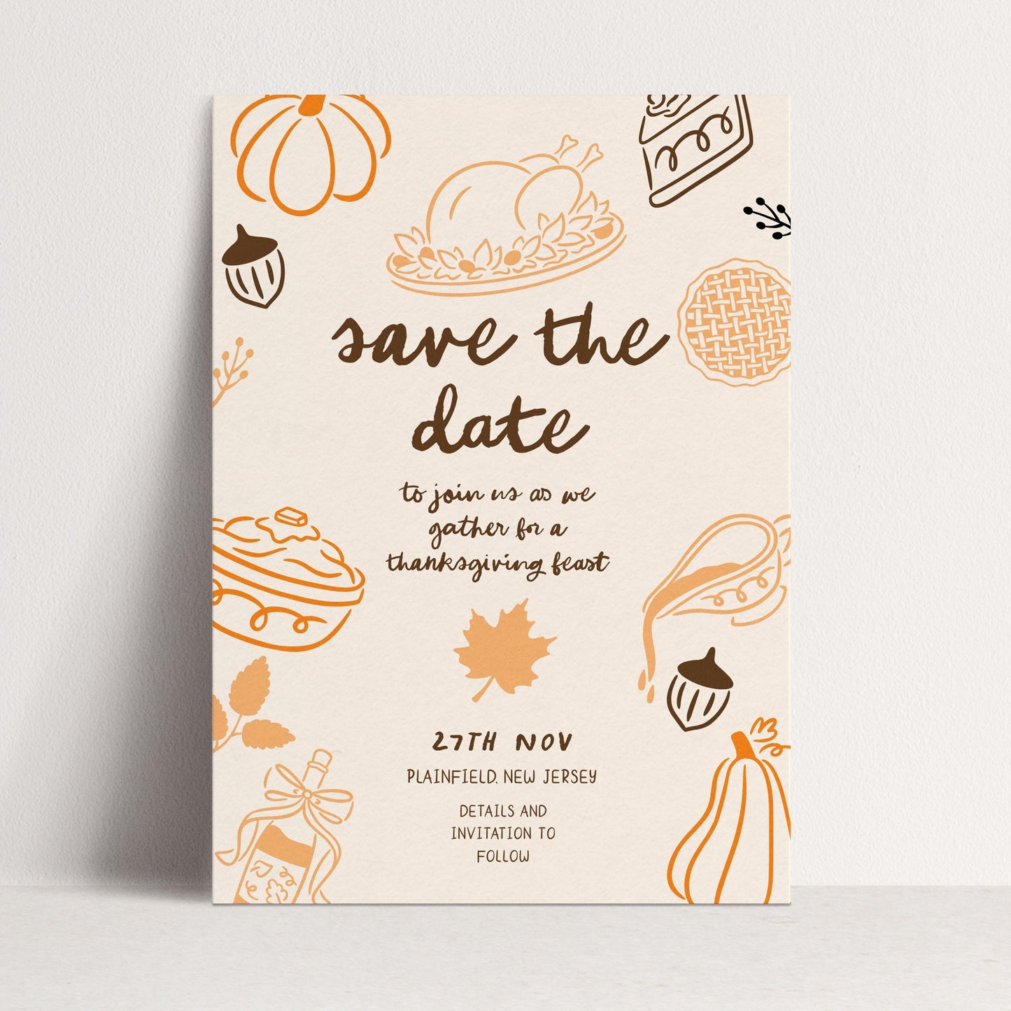 Thanksgiving Save the Date Invitation, Editable Fall Feast Card Printable Digital Corjl Template