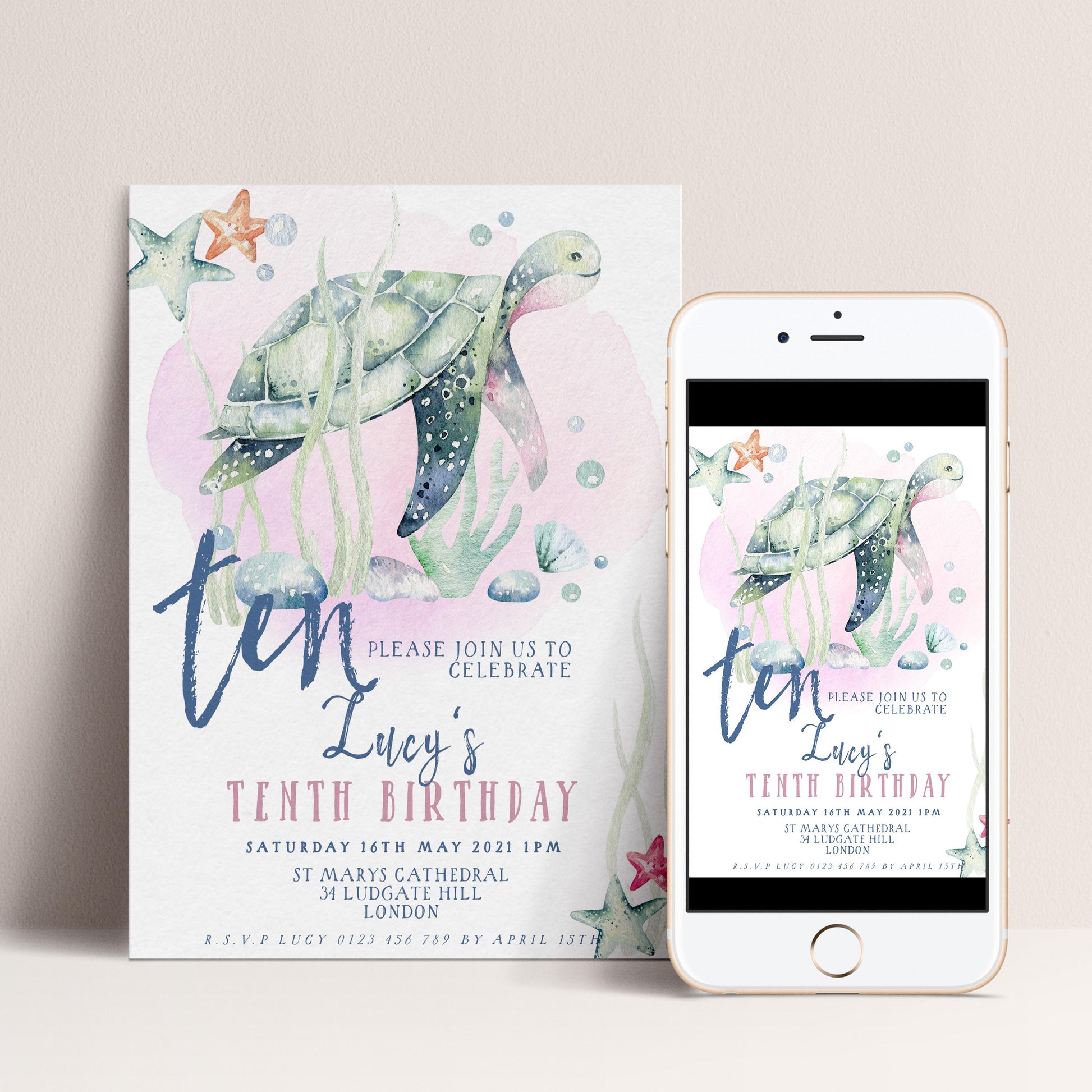 Turtle Birthday Invitation Template, Under the Sea 10th Birthday Party Invite, Editable Girl Ocean Theme, Printable Digital Download SL002