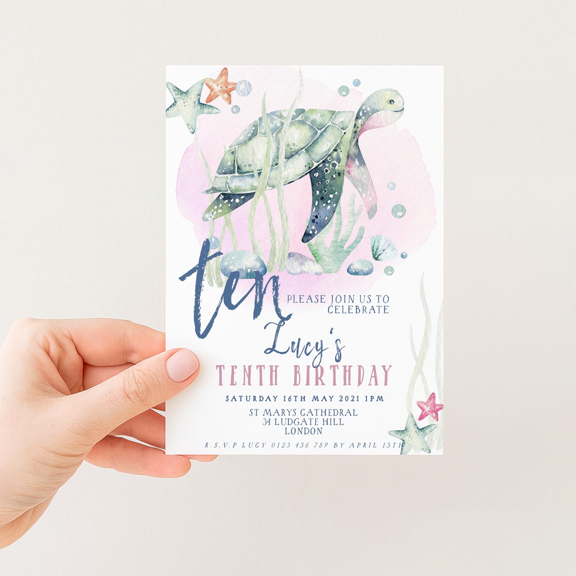 Turtle Birthday Invitation Template, Under the Sea 10th Birthday Party Invite, Editable Girl Ocean Theme, Printable Digital Download SL002