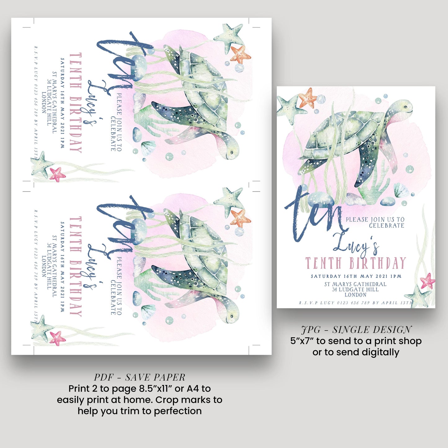 Turtle Birthday Invitation Template, Under the Sea 10th Birthday Party Invite, Editable Girl Ocean Theme, Printable Digital Download SL002