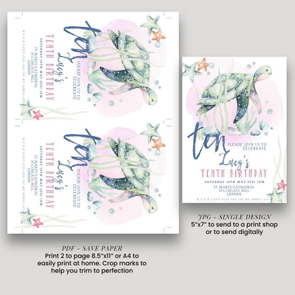 Turtle Birthday Invitation Template, Under the Sea 10th Birthday Party Invite, Editable Girl Ocean Theme, Printable Digital Download SL002