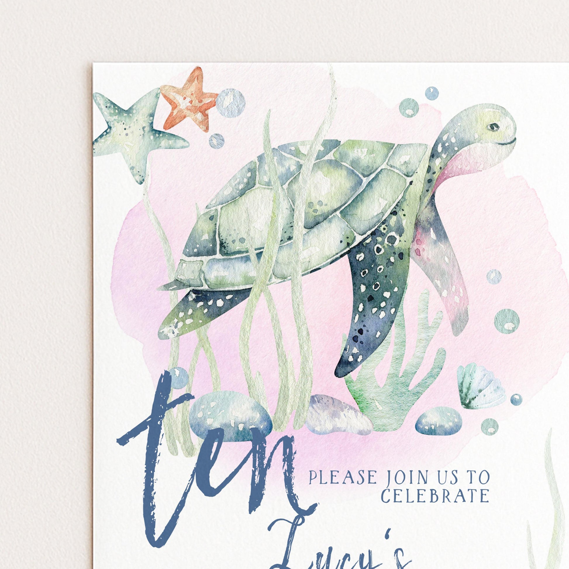 Turtle Birthday Invitation Template, Under the Sea 10th Birthday Party Invite, Editable Girl Ocean Theme, Printable Digital Download SL002