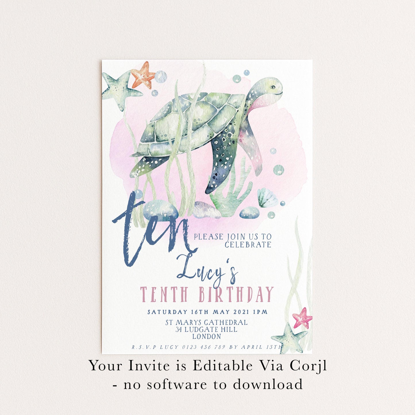Turtle Birthday Invitation Template, Under the Sea 10th Birthday Party Invite, Editable Girl Ocean Theme, Printable Digital Download SL002