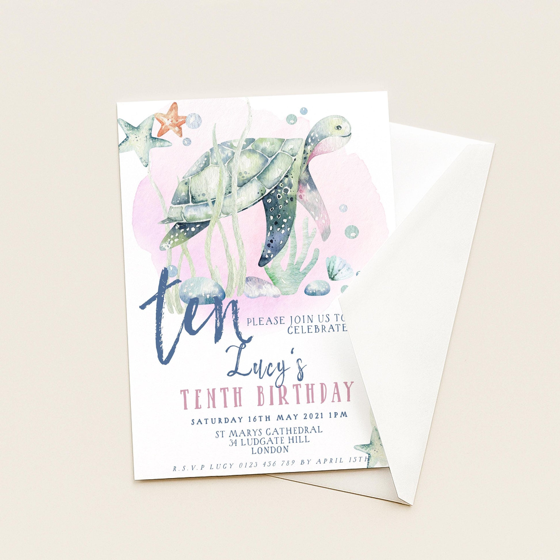Turtle Birthday Invitation Template, Under the Sea 10th Birthday Party Invite, Editable Girl Ocean Theme, Printable Digital Download SL002