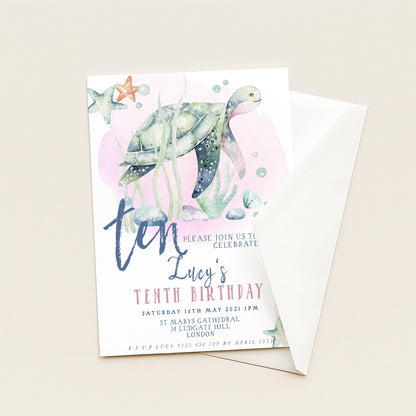Turtle Birthday Invitation Template, Under the Sea 10th Birthday Party Invite, Editable Girl Ocean Theme, Printable Digital Download SL002