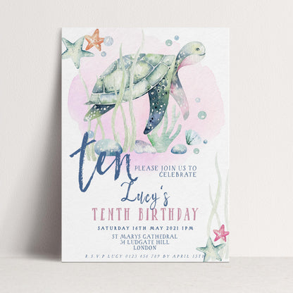 Turtle Birthday Invitation Template, Under the Sea 10th Birthday Party Invite, Editable Girl Ocean Theme, Printable Digital Download SL002