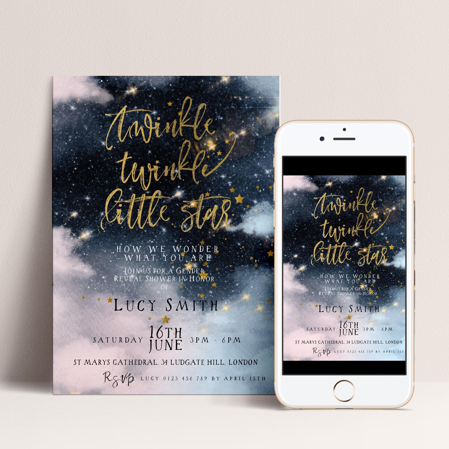 The image is a wedding invitation featuring a starry night sky background with the text "Twinkle twinkle little star" and details about the event.