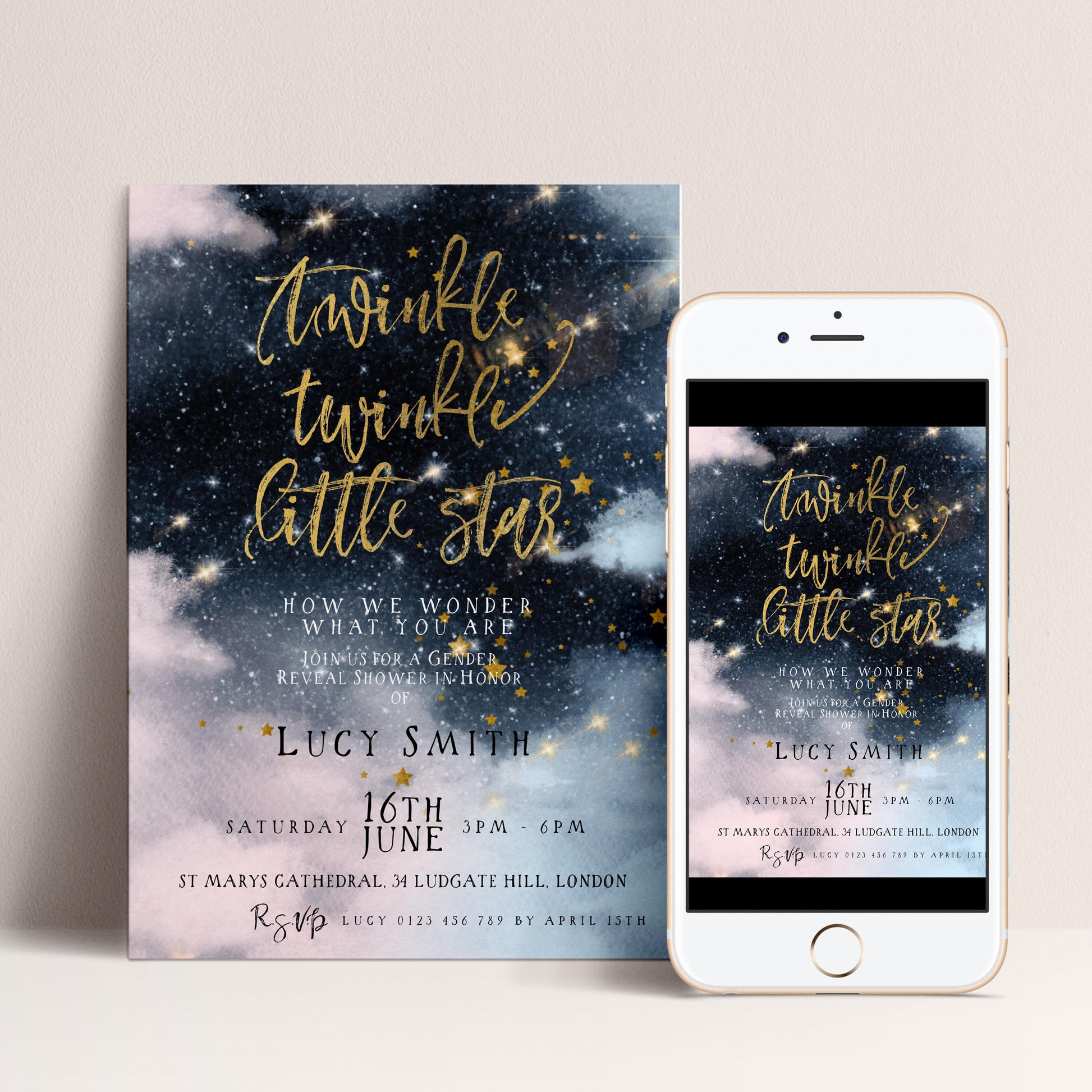 The image is a wedding invitation featuring a starry night sky background with the text "Twinkle twinkle little star" and details about the event.