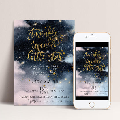 The image is a wedding invitation featuring a starry night sky background with the text "Twinkle twinkle little star" and details about the event.