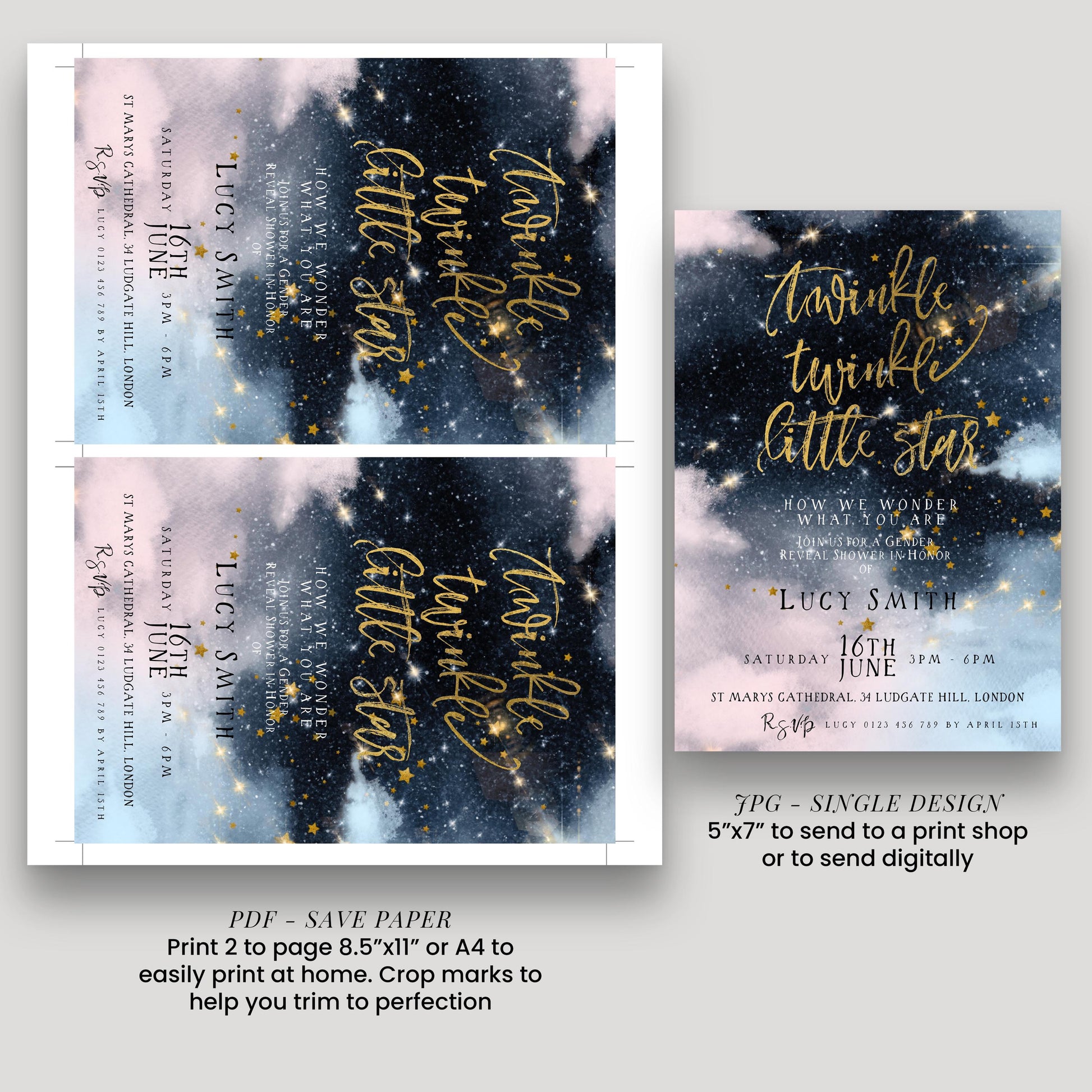 a set of invitation cards with a starry night sky background and text. The cards are designed to be used for a baby shower or a similar event.