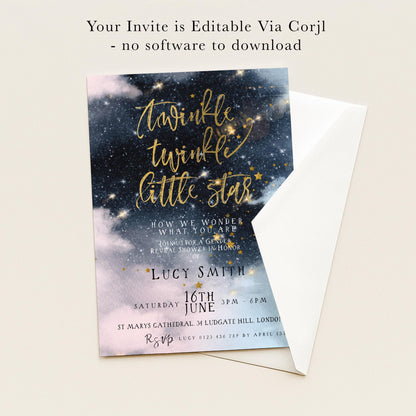 The image is a wedding invitation featuring a starry night sky background with the text "Twinkle twinkle little star" and details about the event.