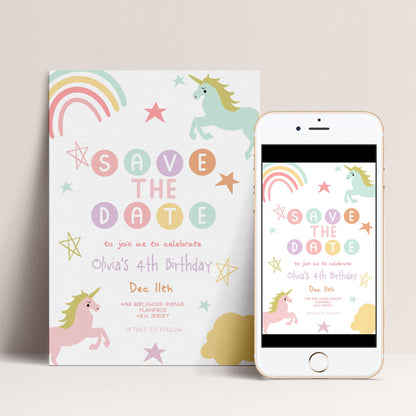 Unicorn Birthday Save the Date Invitation Template Pastel Rainbow Printable Template 4th Birthday Magical Editable Digital Download