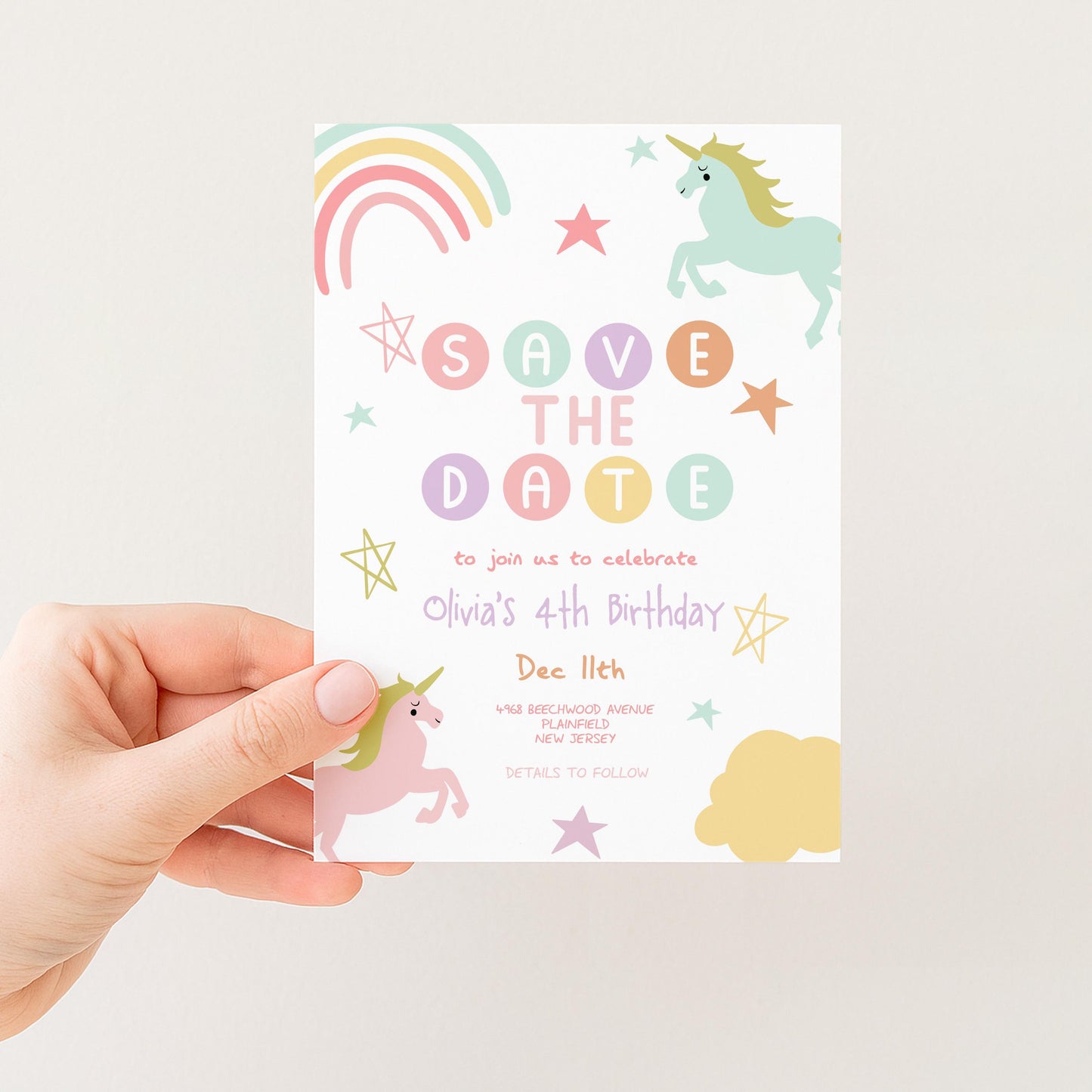 Unicorn Birthday Save the Date Invitation Template Pastel Rainbow Printable Template 4th Birthday Magical Editable Digital Download