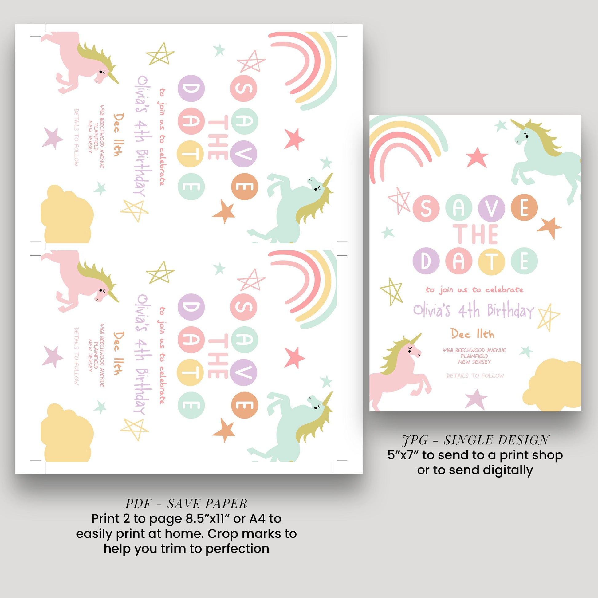 Unicorn Birthday Save the Date Invitation Template Pastel Rainbow Printable Template 4th Birthday Magical Editable Digital Download