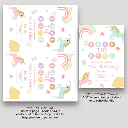 Unicorn Birthday Save the Date Invitation Template Pastel Rainbow Printable Template 4th Birthday Magical Editable Digital Download