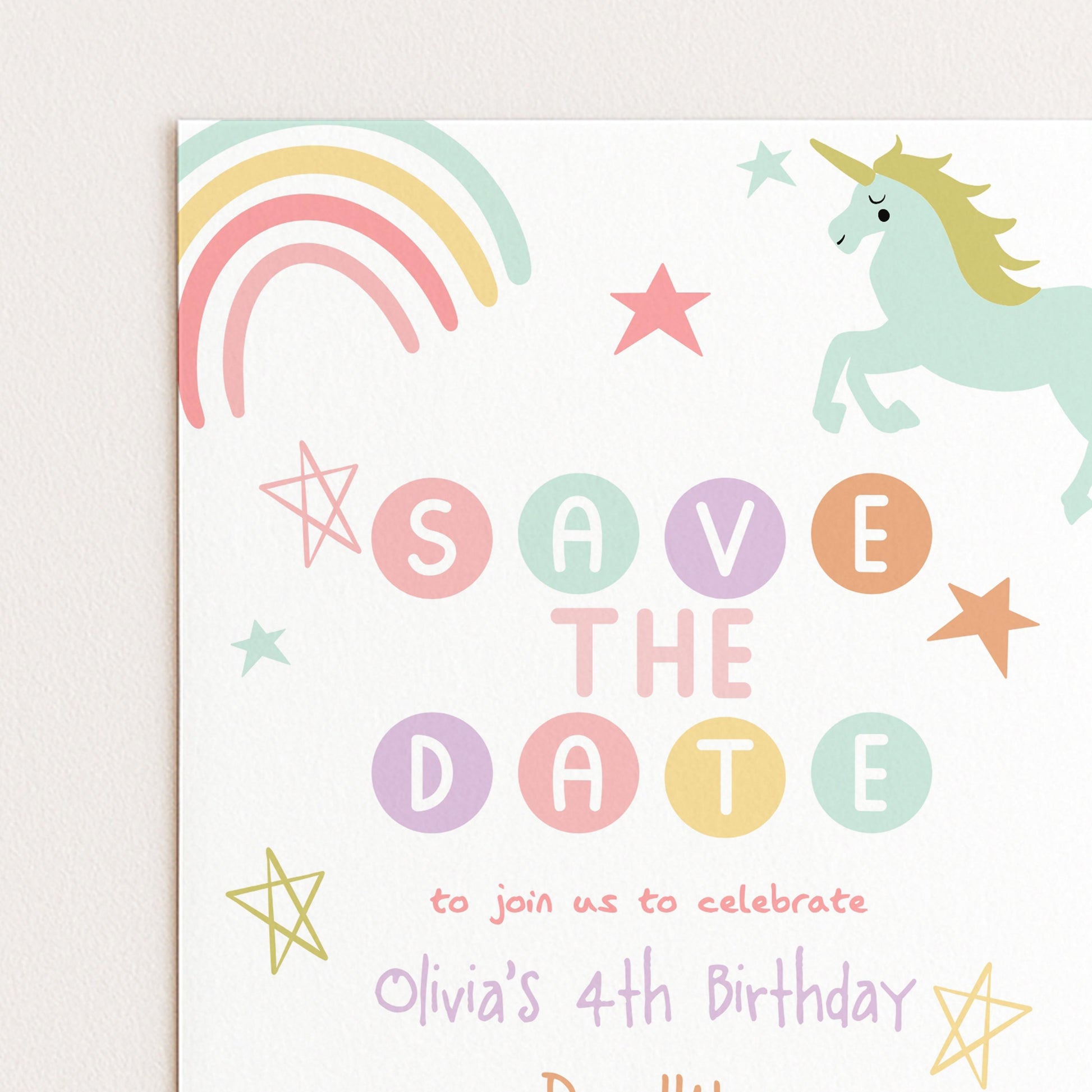 Unicorn Birthday Save the Date Invitation Template Pastel Rainbow Printable Template 4th Birthday Magical Editable Digital Download
