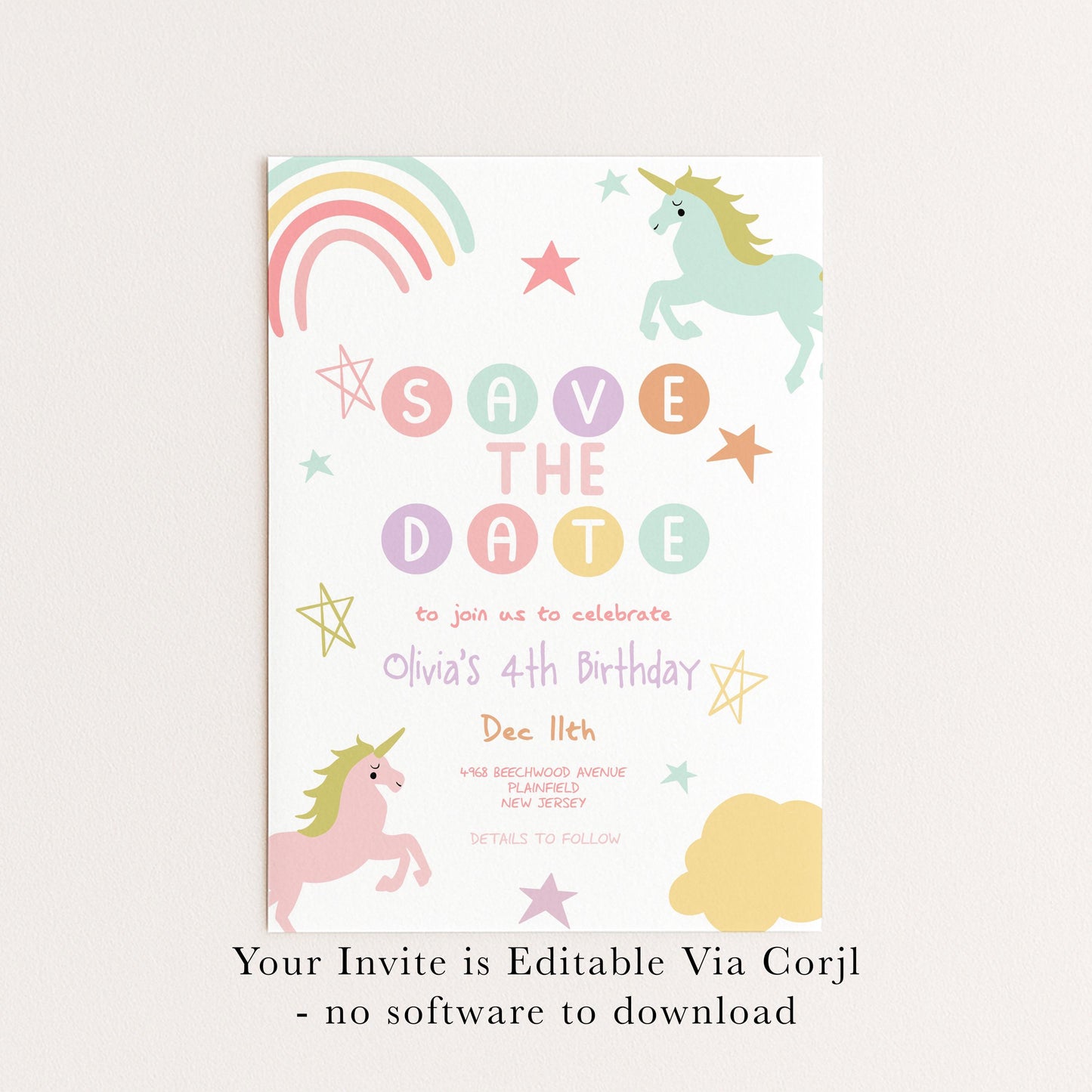 Unicorn Birthday Save the Date Invitation Template Pastel Rainbow Printable Template 4th Birthday Magical Editable Digital Download